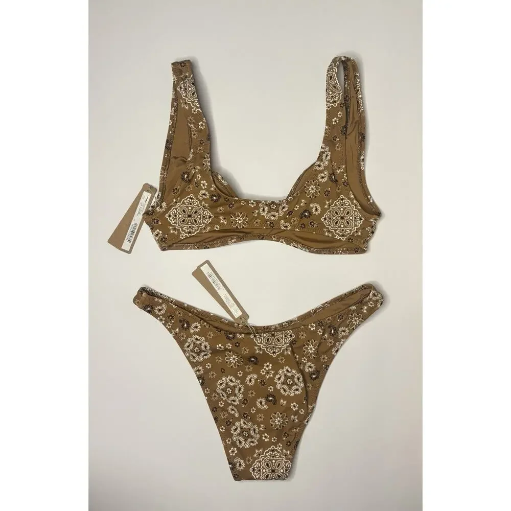 SKIMS Signature Plunge Top and Tanga Bottom Bikini Set Almond Bandana Sz S NWT